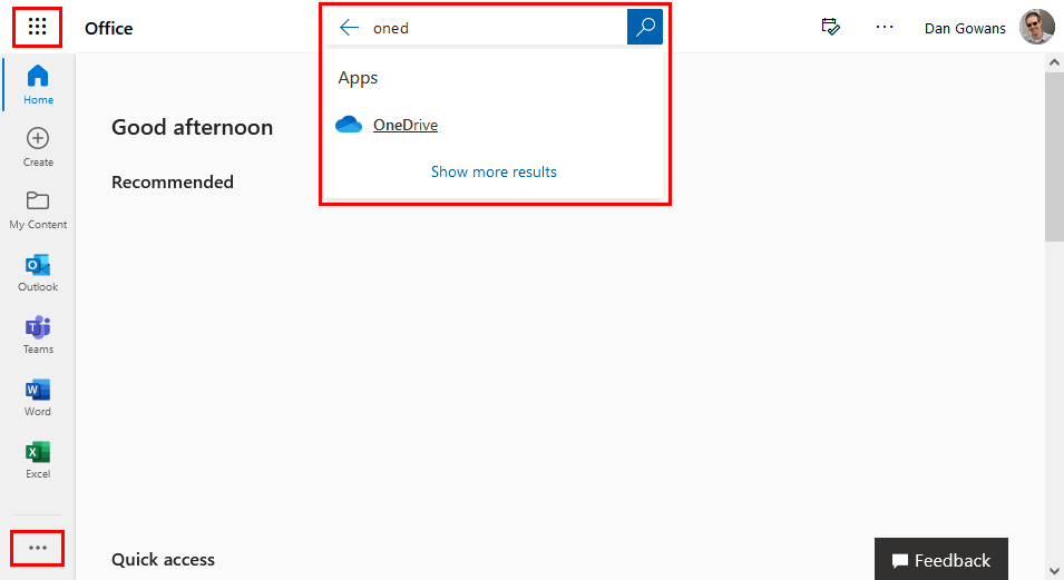 Find OneDrive in the Office dashboard