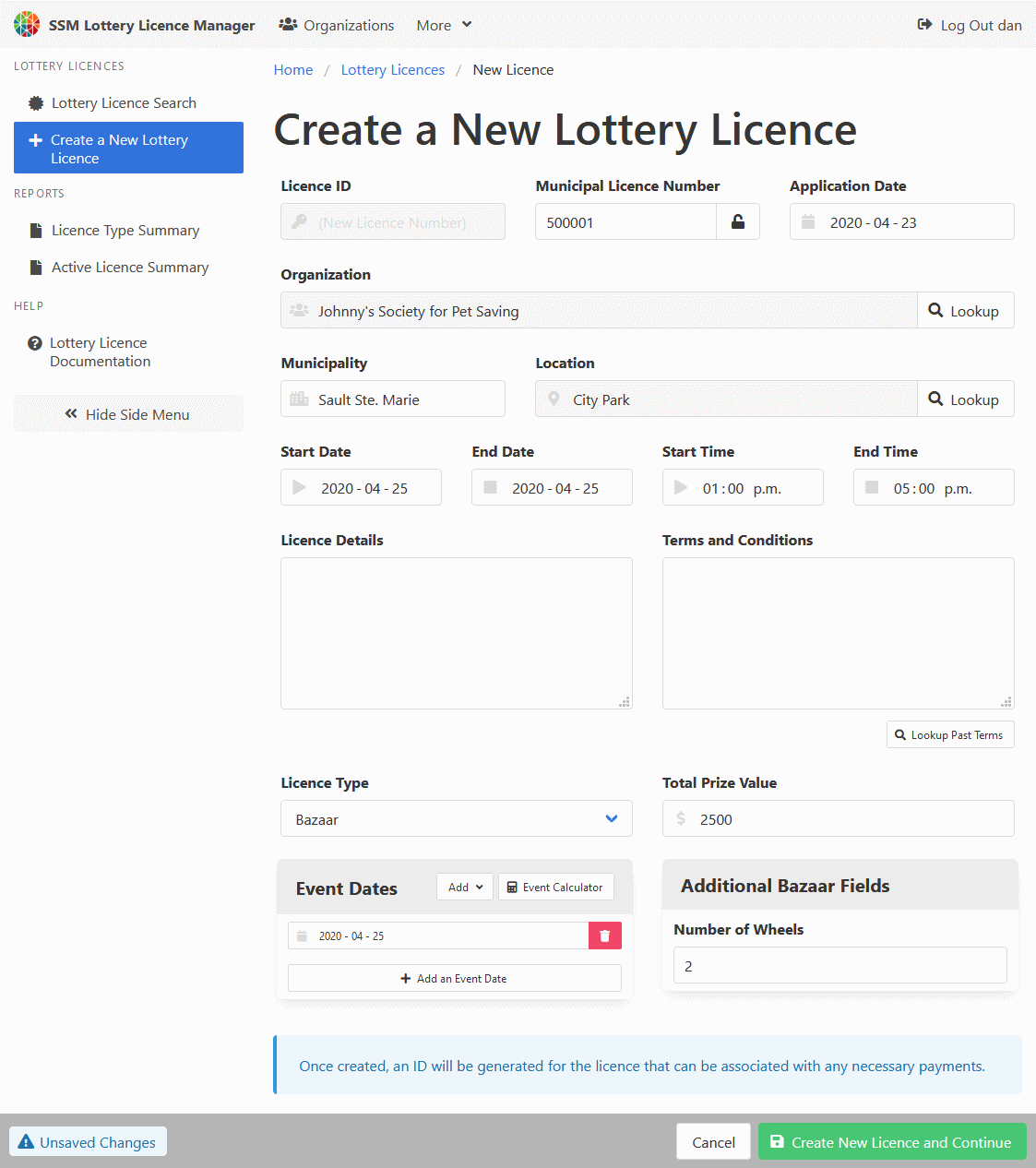 Create a New Lottery Licence