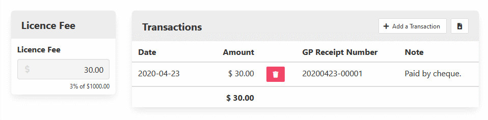 Licence Fee and Transactions