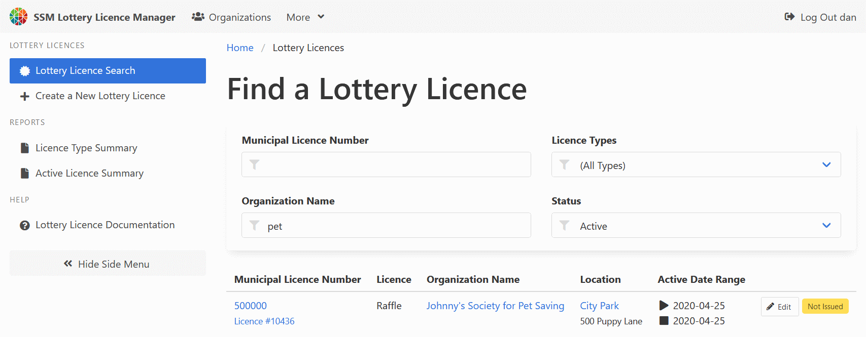 Lottery Licence Search