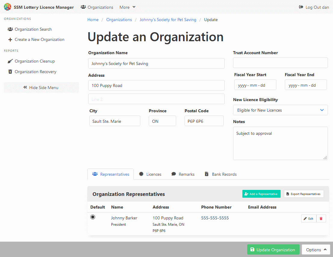 Update an Organization Record