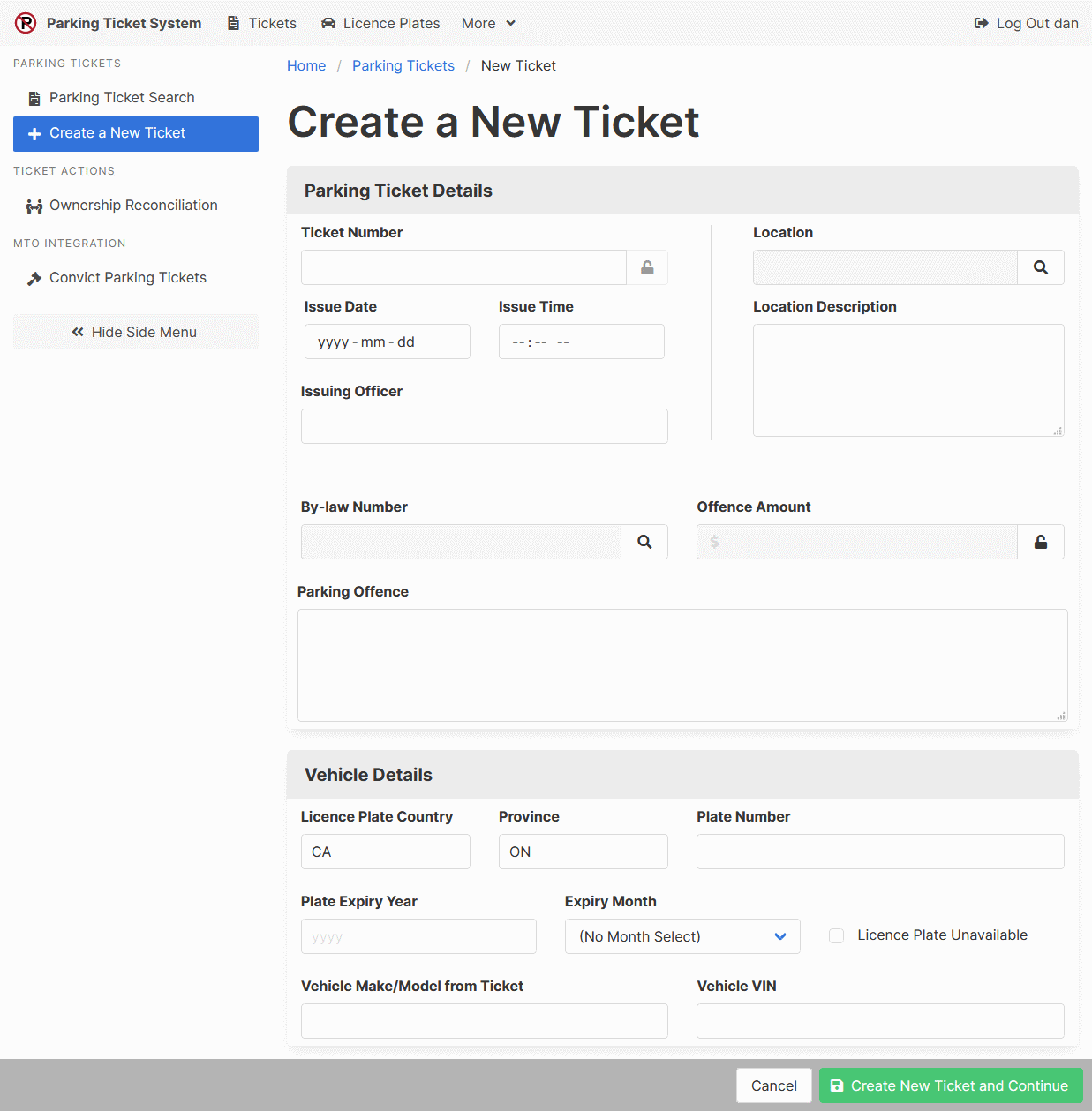 Create a New Parking Ticket