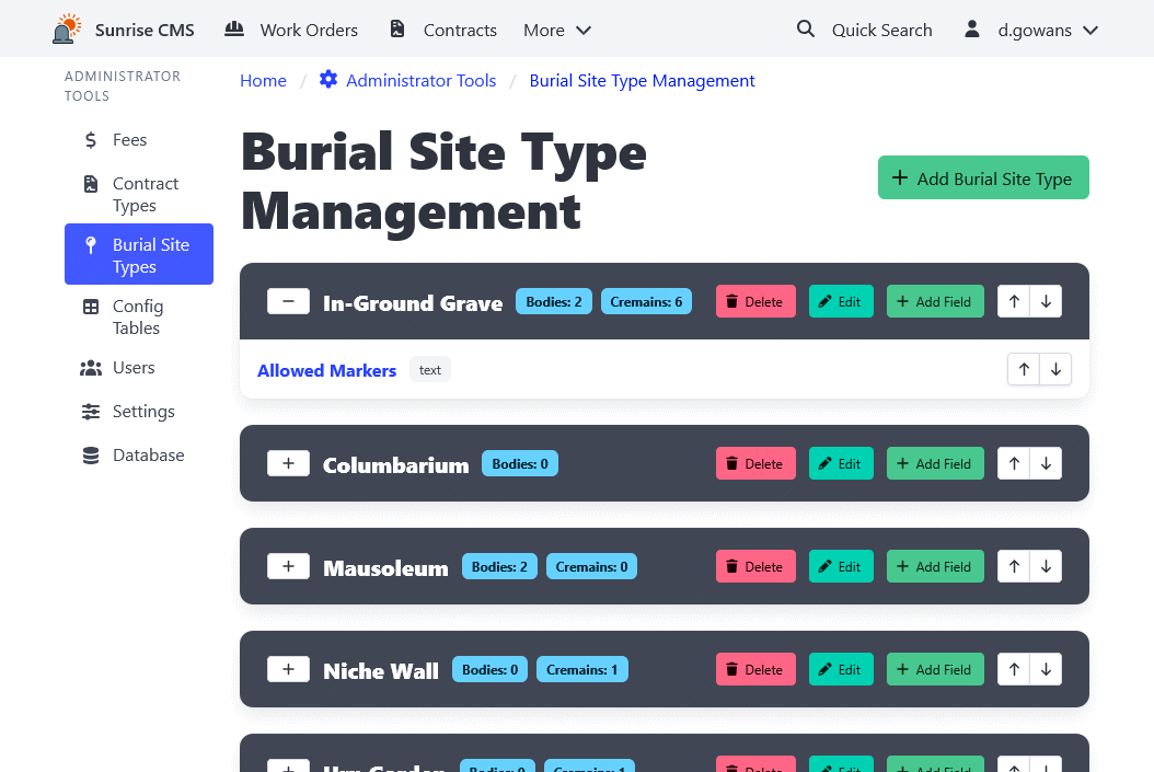 Burial Site Type Management