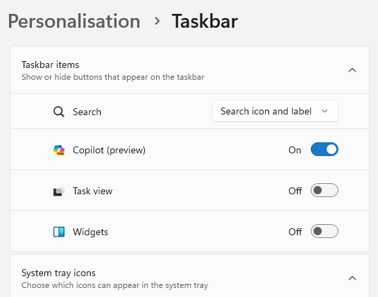 Taskbar Personalization Settings