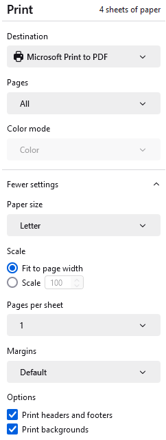 Google Chrome Print Preview Options