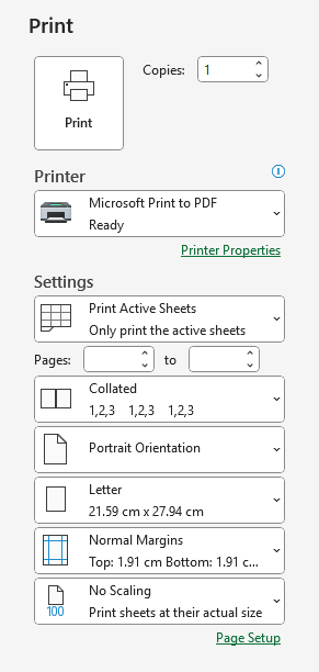 Microsoft Excel Print Preview Options